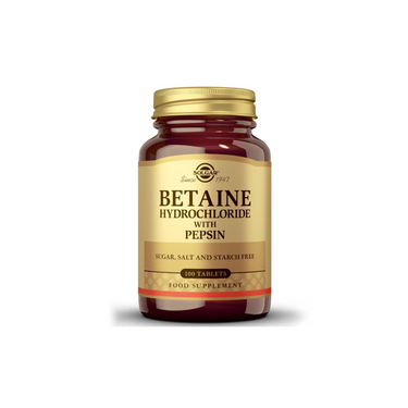 Solgar Betaine Hydrochloride with Pepsin 100 Tablets is a food supplement that supports digestion and is free from sugar, salt, and starch.